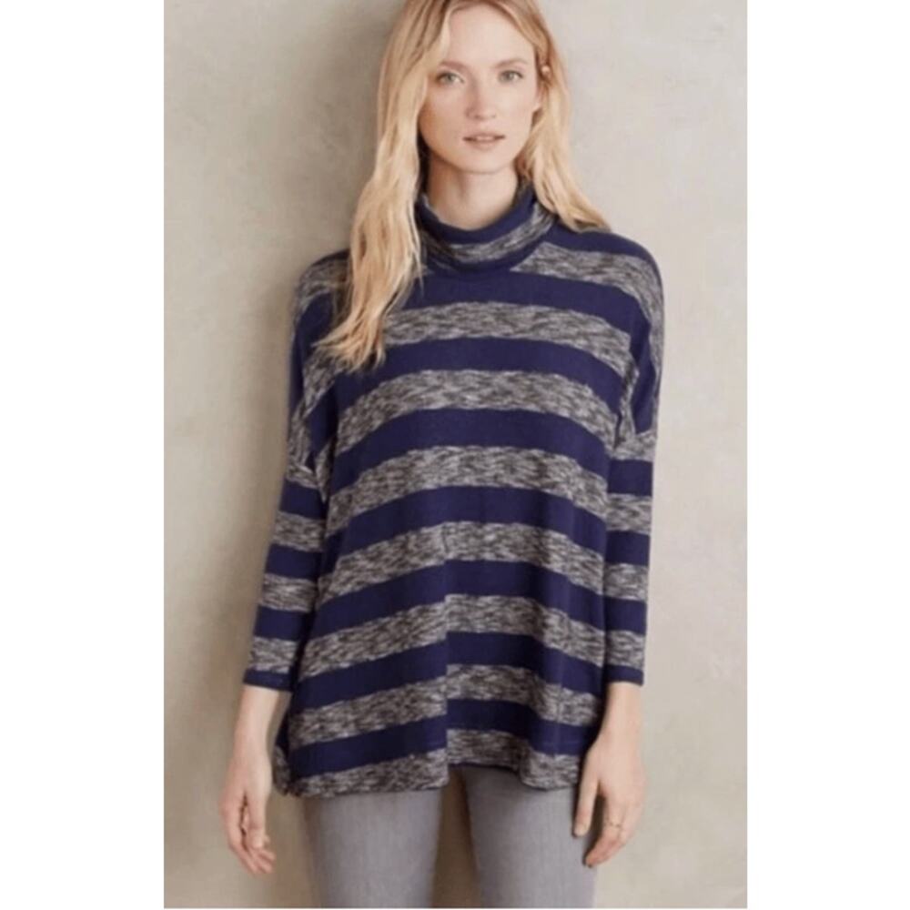 Anthropologie Postmark Women's Blue And Gray Striped Turtle Neck Sweater Small